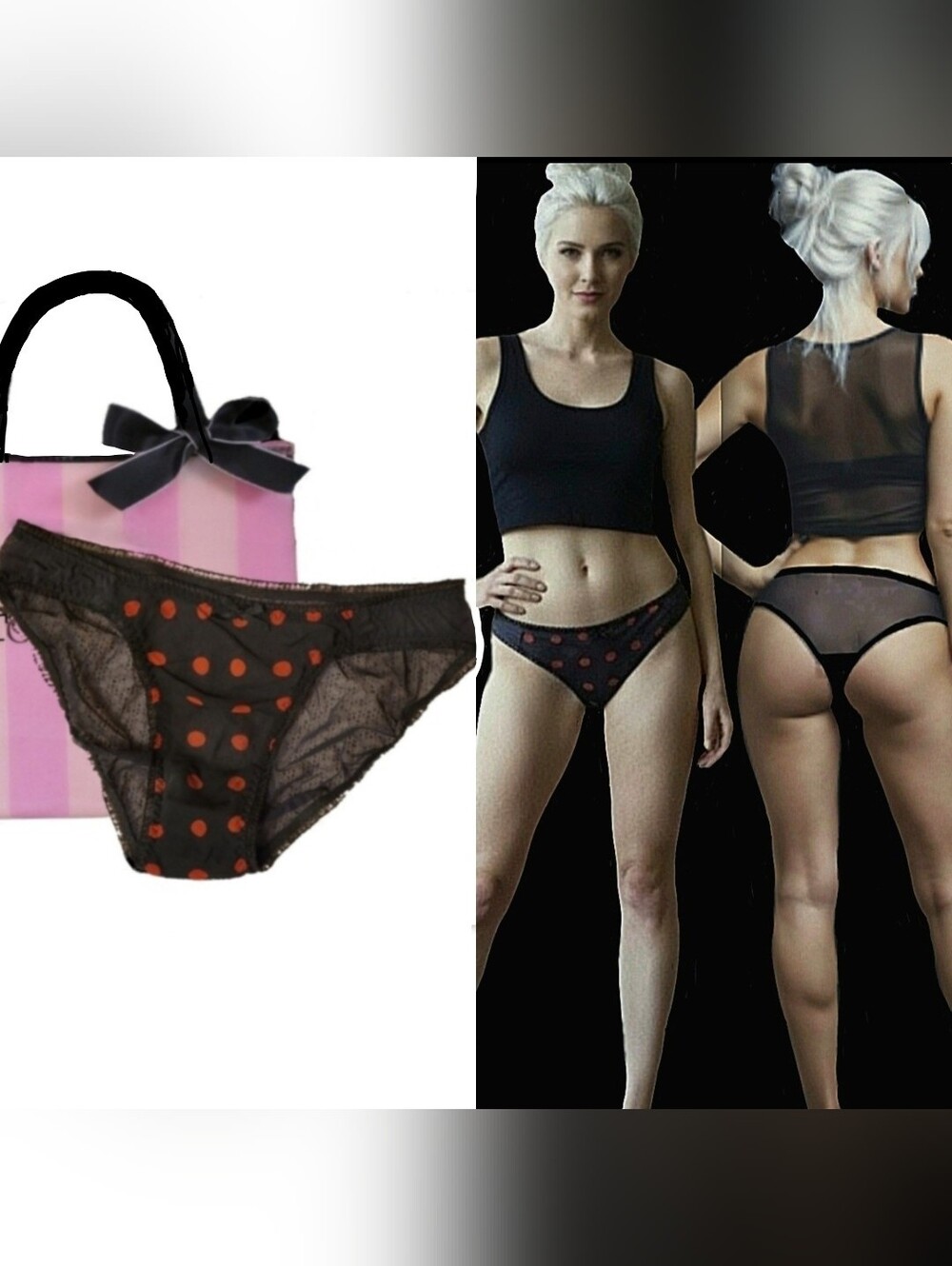 Vtg Y2K Victorias Secret blk mesh red polka dot ruffle sheer panties XL NWOT